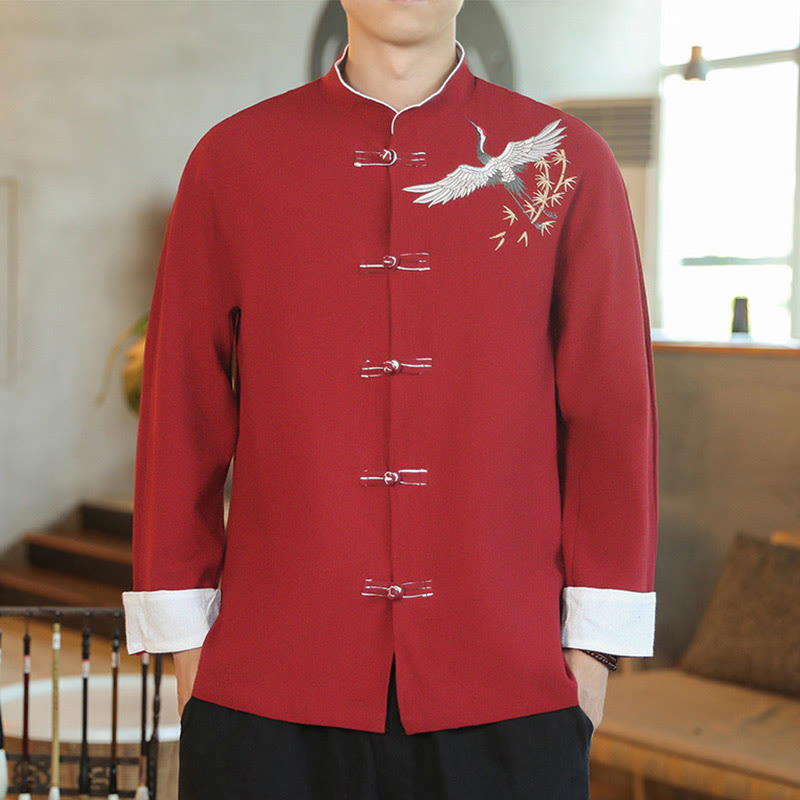 Buddha Stones Chinese New Year Flying Crane Embroidery Frog-button Tang Suit Cotton Men's Jacket Shirt - Crimson - US/UK/AU46，EU56 (5XL) - image 0