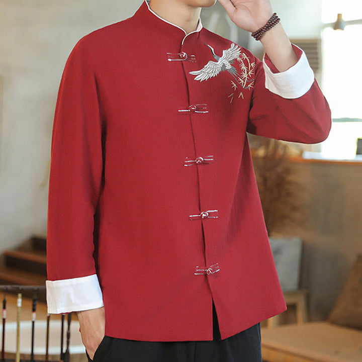 Buddha Stones Chinese New Year Flying Crane Embroidery Frog-button Tang Suit Cotton Men's Jacket Shirt - image 7