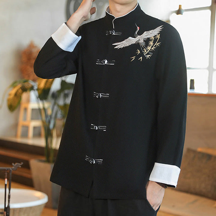 Buddha Stones Chinese New Year Flying Crane Embroidery Frog-button Tang Suit Cotton Men's Jacket Shirt - image 11