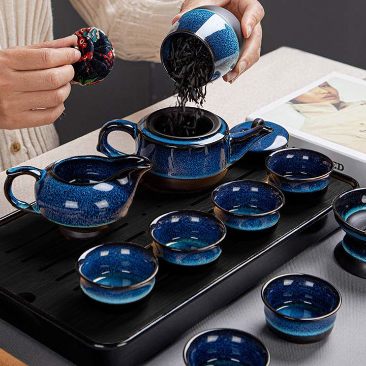 Buddha Stones Blue Gradient Color Chinese Gongfu Tea Ceramic Teapot Portable Gift Bag Box Set