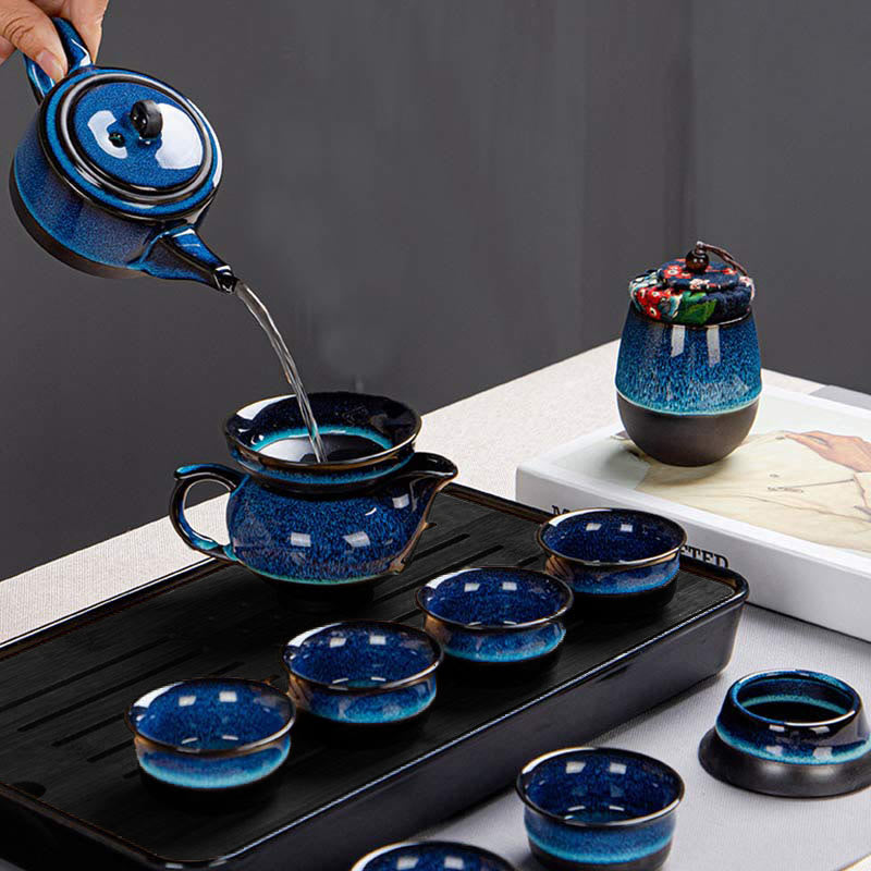 Buddha Stones Blue Gradient Color Chinese Gongfu Tea Ceramic Teapot Portable Gift Bag Box Set - image 22