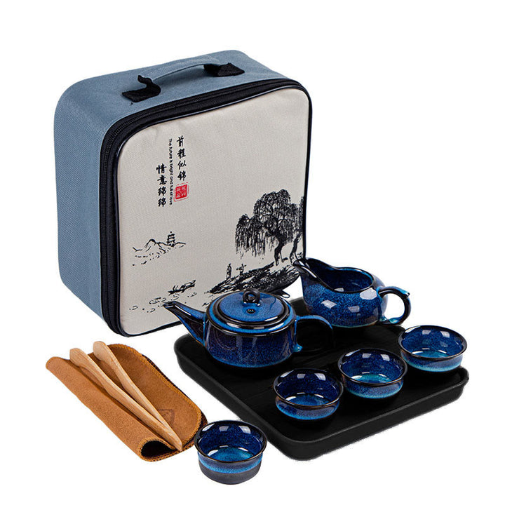 Buddha Stones Blue Gradient Color Chinese Gongfu Tea Ceramic Teapot Portable Gift Bag Box Set - 1 Teapot+4 Cups+ 1 Pot+Tray+Bag - image 0