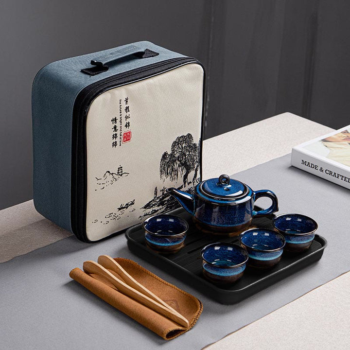 Buddha Stones Blue Gradient Color Chinese Gongfu Tea Ceramic Teapot Portable Gift Bag Box Set - 1 Teapot+4 Cups+Tray+Bag - image 8
