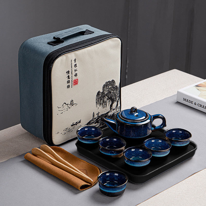 Buddha Stones Blue Gradient Color Chinese Gongfu Tea Ceramic Teapot Portable Gift Bag Box Set