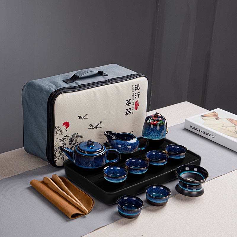 Buddha Stones Blue Gradient Color Chinese Gongfu Tea Ceramic Teapot Portable Gift Bag Box Set