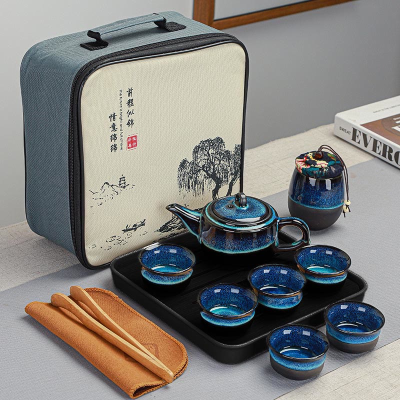 Buddha Stones Blue Gradient Color Chinese Gongfu Tea Ceramic Teapot Portable Gift Bag Box Set