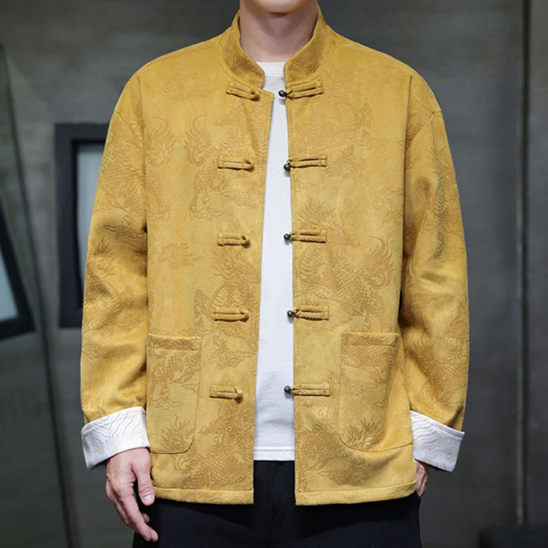 Buddha Stones Chinese New Year Kirin Print Frog-button Tang Suit Men's Jacket Shirt With Pockets - Yellow - US/UK/AU46，EU56 (5XL) - image 1