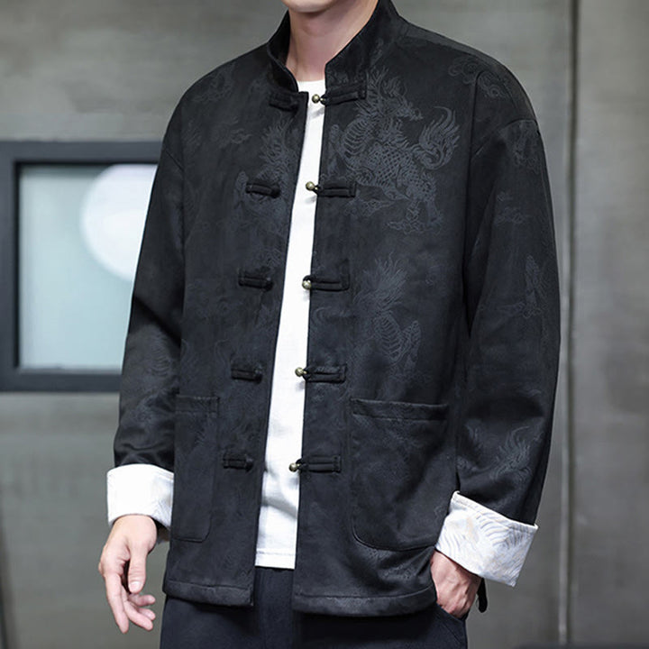 Buddha Stones Chinese New Year Kirin Print Frog-button Tang Suit Men's Jacket Shirt With Pockets - image 15