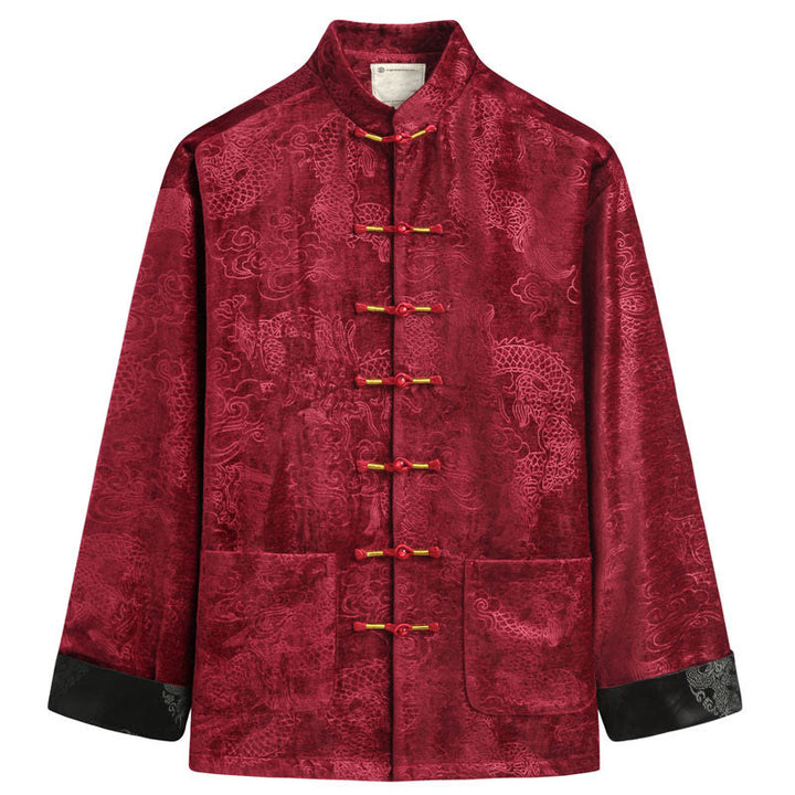 Buddha Stones Chinese New Year Dragon Auspicious Clouds Frog-button Tang Suit Men's Jacket Shirt With Pockets