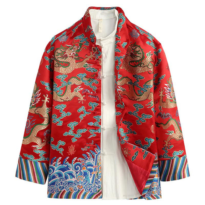 Buddha Stones Chinese New Year Dragon Embroidery Auspicious Clouds Frog-button Tang Suit Men's Jacket Shirt