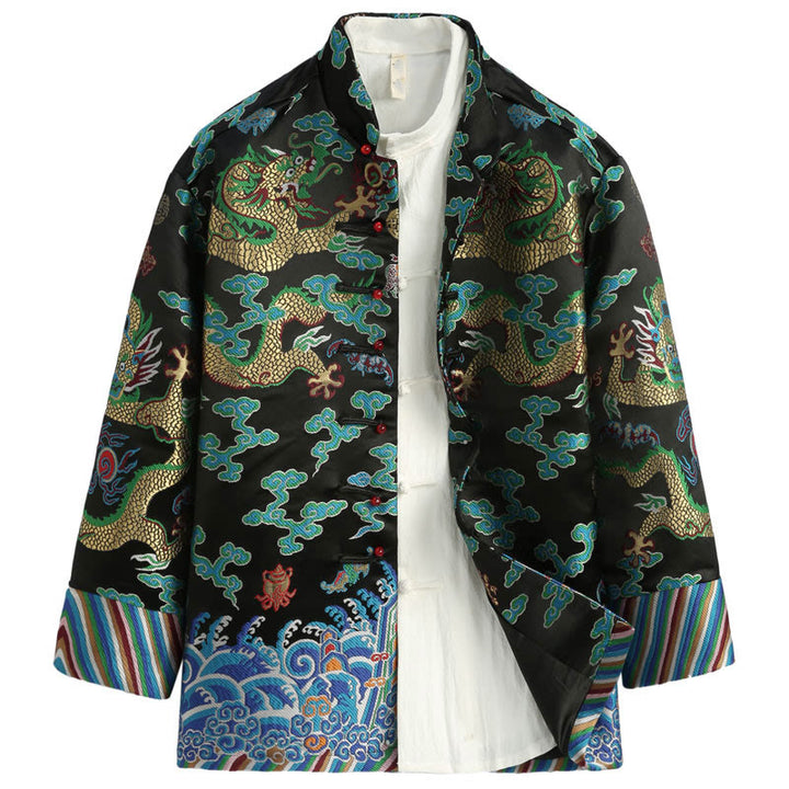 Buddha Stones Chinese New Year Dragon Embroidery Auspicious Clouds Frog-button Tang Suit Men's Jacket Shirt - Black - US/UK/AU44，EU54 (4XL) - image 12