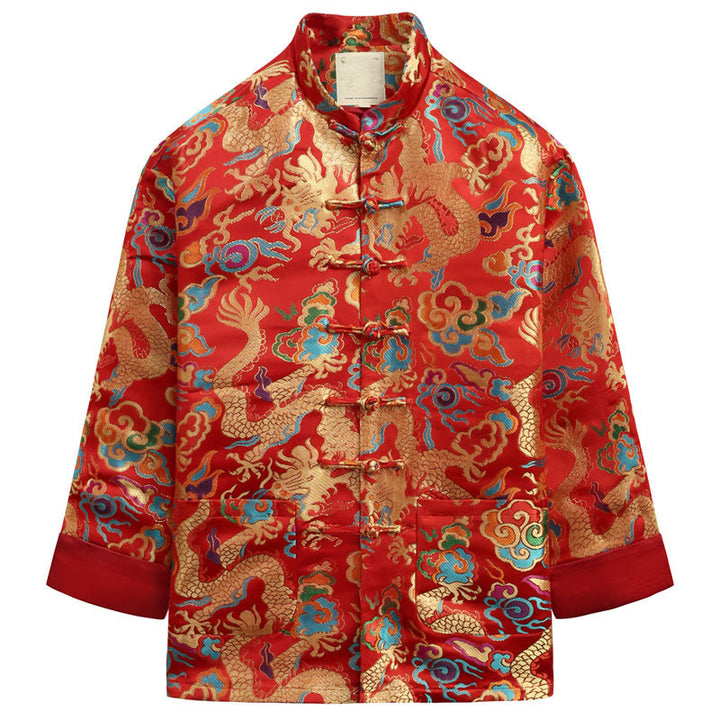 Buddha Stones Chinese New Year Dragon Embroidery Auspicious Clouds Frog-button Tang Suit Men's Jacket Shirt - Crimson - US/UK/AU44，EU54 (4XL) - image 16