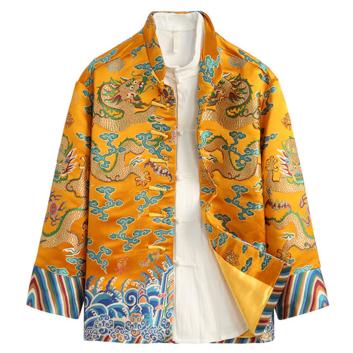 Buddha Stones Chinese New Year Dragon Embroidery Auspicious Clouds Frog-button Tang Suit Men's Jacket Shirt - Gold - US/UK/AU44，EU54 (4XL) - image 2