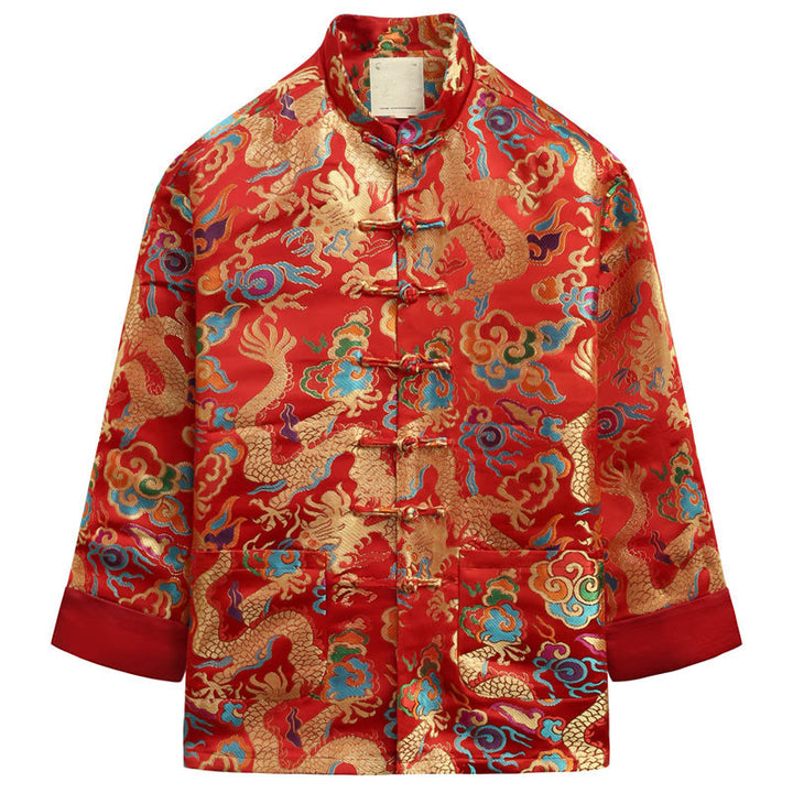 Buddha Stones Chinese New Year Dragon Embroidery Auspicious Clouds Frog-button Tang Suit Men's Jacket Shirt