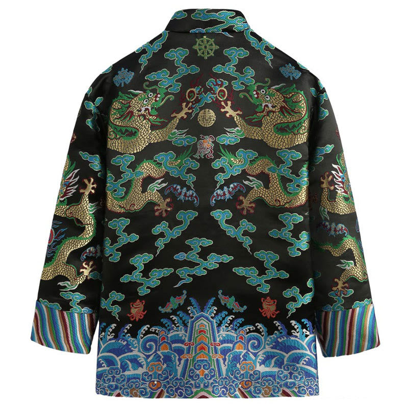 Buddha Stones Chinese New Year Dragon Embroidery Auspicious Clouds Frog-button Tang Suit Men's Jacket Shirt