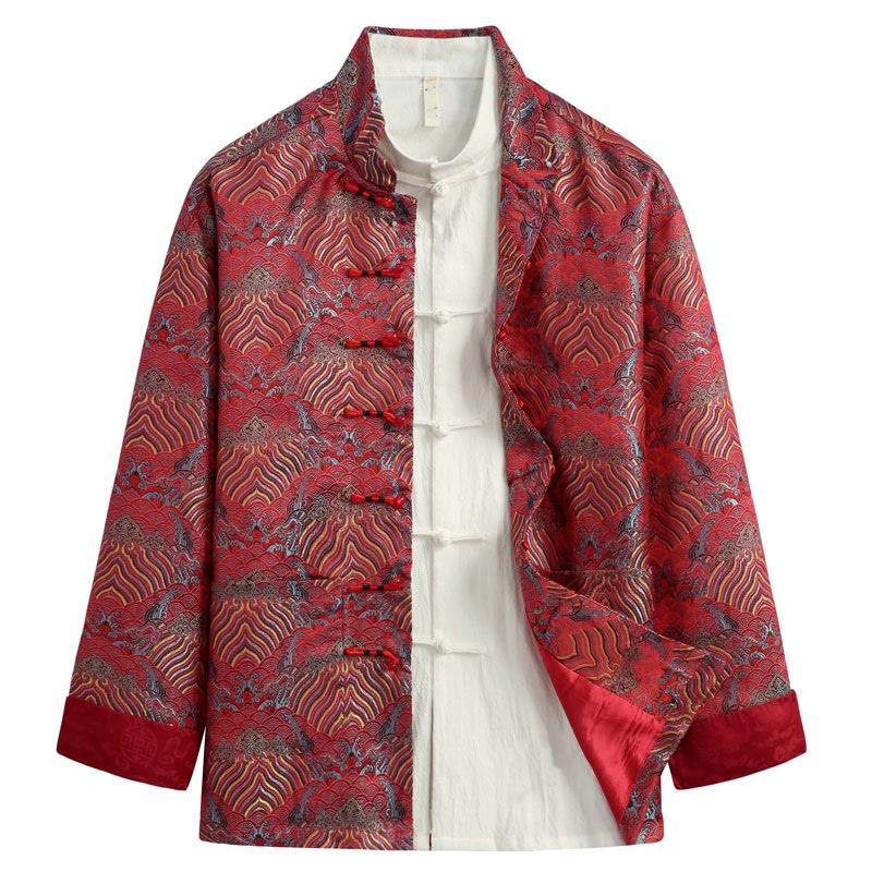 Buddha Stones Chinese New Year Jacquard Damask Seawater Pattern Frog-button Tang Suit Men's Jacket Shirt With Pockets