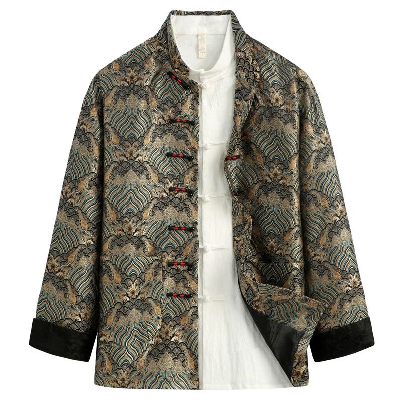 Buddha Stones Chinese New Year Jacquard Damask Seawater Pattern Frog-button Tang Suit Men's Jacket Shirt With Pockets