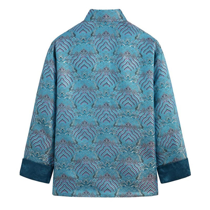 Buddha Stones Chinese New Year Jacquard Damask Seawater Pattern Frog-button Tang Suit Men's Jacket Shirt With Pockets - image 5