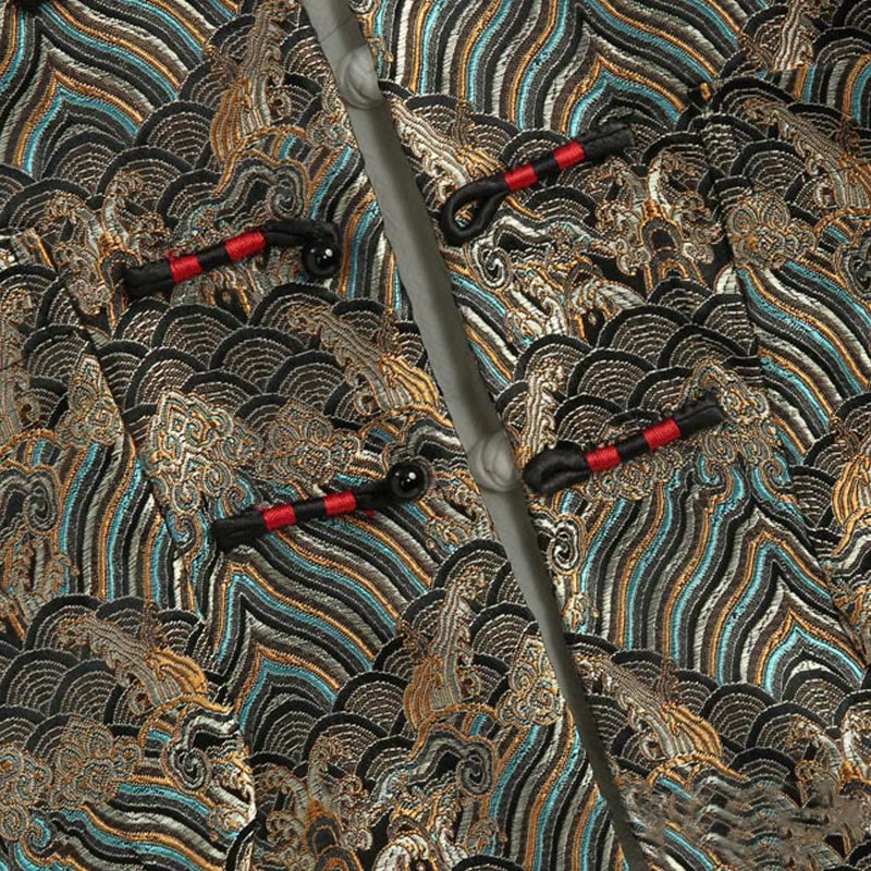 Buddha Stones Chinese New Year Jacquard Damask Seawater Pattern Frog-button Tang Suit Men's Jacket Shirt With Pockets - image 10