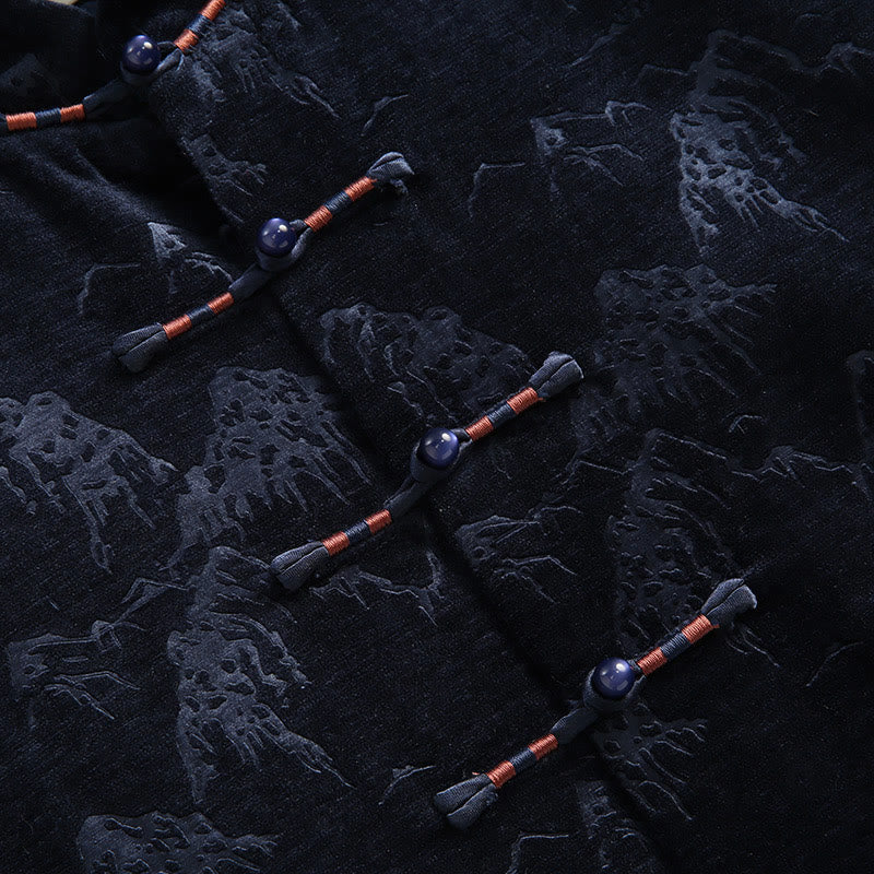 Buddha Stones Chinese New Year Landscape Print Handmade Frog-button Tang Suit Men's Jacket Shirt With Pockets - image 7