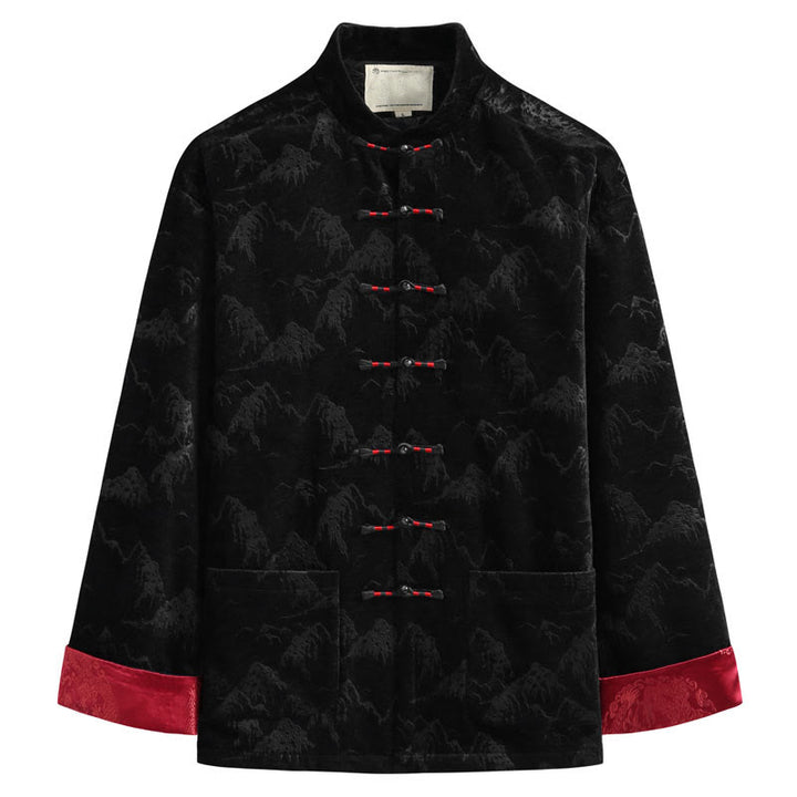 Buddha Stones Chinese New Year Landscape Print Handmade Frog-button Tang Suit Men's Jacket Shirt With Pockets - Black - US/UK/AU44，EU54 (4XL) - image 2