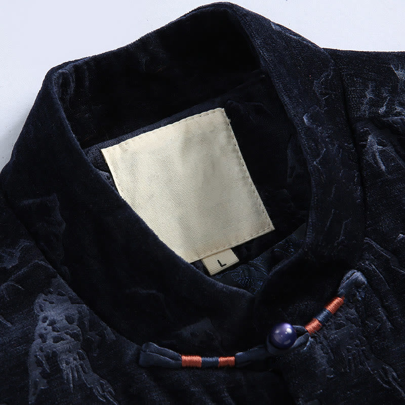 Buddha Stones Chinese New Year Landscape Print Handmade Frog-button Tang Suit Men's Jacket Shirt With Pockets - image 6