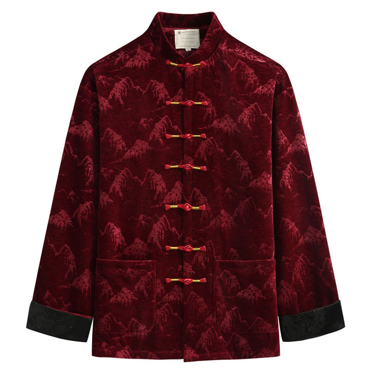Buddha Stones Chinese New Year Landscape Print Handmade Frog-button Tang Suit Men's Jacket Shirt With Pockets - FireBrick - US/UK/AU44，EU54 (4XL) - image 0