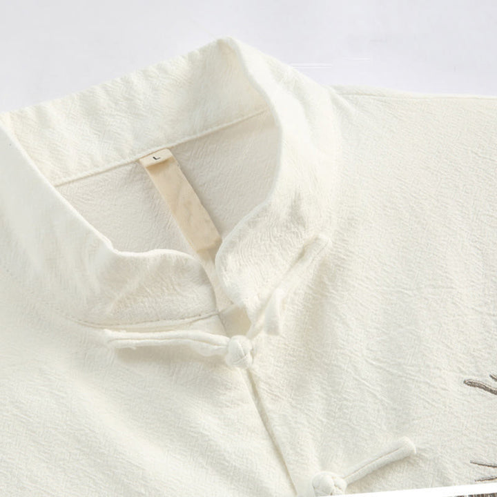 Buddha Stones Chinese New Year Crane Embroidery Tang Suit Hanfu Long Sleeve Top Pants Clothing  Cotton Linen Men's Set With Pockets - image 7