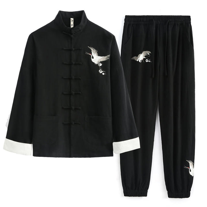Buddha Stones Chinese New Year Crane Embroidery Tang Suit Hanfu Long Sleeve Top Pants Clothing  Cotton Linen Men's Set With Pockets - Black - US/UK/AU44，EU54 (4XL) - image 0