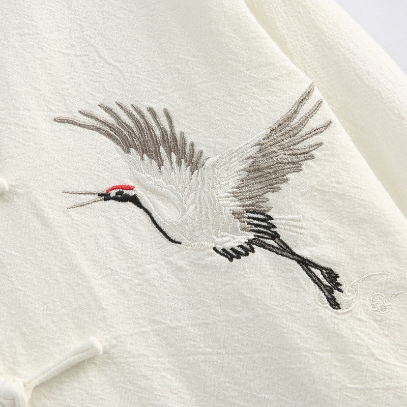 Buddha Stones Chinese New Year Crane Embroidery Tang Suit Hanfu Long Sleeve Top Pants Clothing  Cotton Linen Men's Set With Pockets - image 8