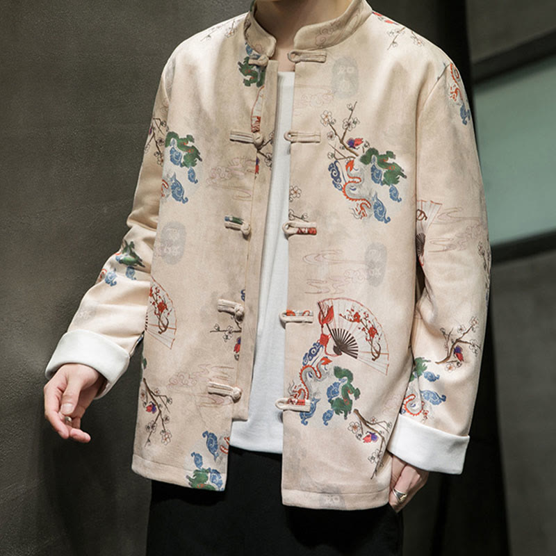 Buddha Stones Chinese New Year Clothes Flowers Dragon Fan Auspicious Clouds Frog-button Tang Suit Cotton Men's Jacket Shirt  - image 10