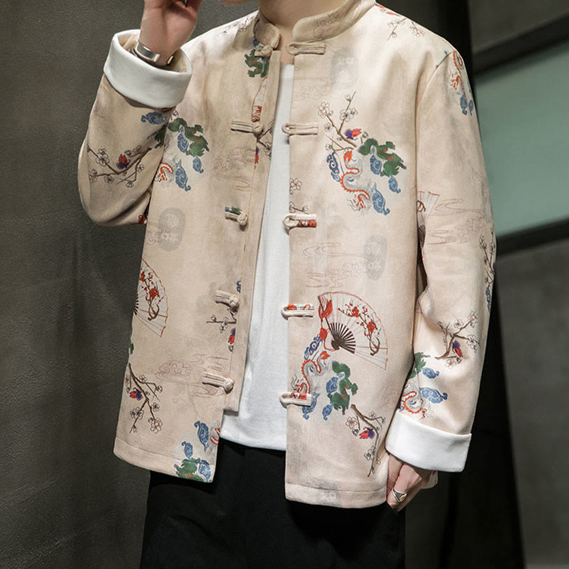 Buddha Stones Chinese New Year Clothes Flowers Dragon Fan Auspicious Clouds Frog-button Tang Suit Cotton Men's Jacket Shirt