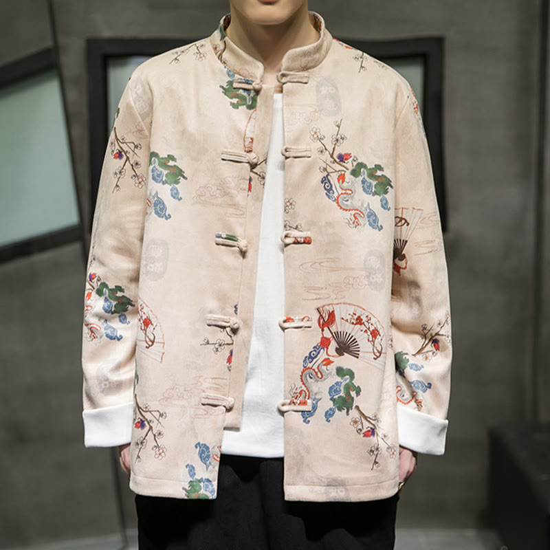 Buddha Stones Chinese New Year Clothes Flowers Dragon Fan Auspicious Clouds Frog-button Tang Suit Cotton Men's Jacket Shirt