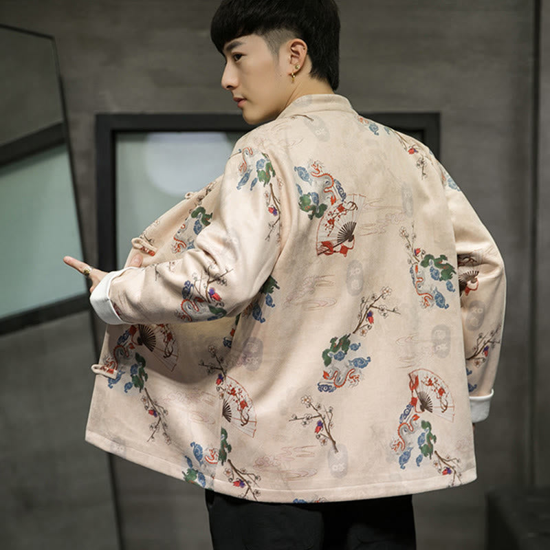 Buddha Stones Chinese New Year Clothes Flowers Dragon Fan Auspicious Clouds Frog-button Tang Suit Cotton Men's Jacket Shirt  - image 14