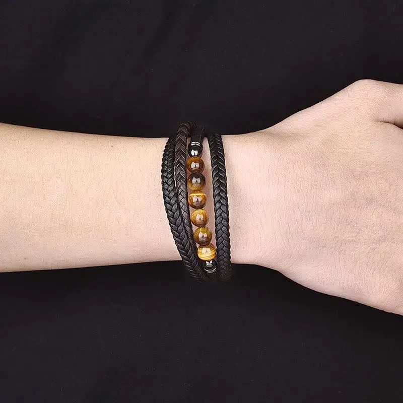 Buddha Stones Tiger Eye Stone Protection Leather Bracelet