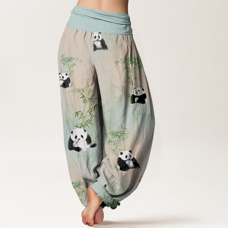 Buddha Stones Panda Bamboo Pattern Women's Elastic Waist Harem Pants