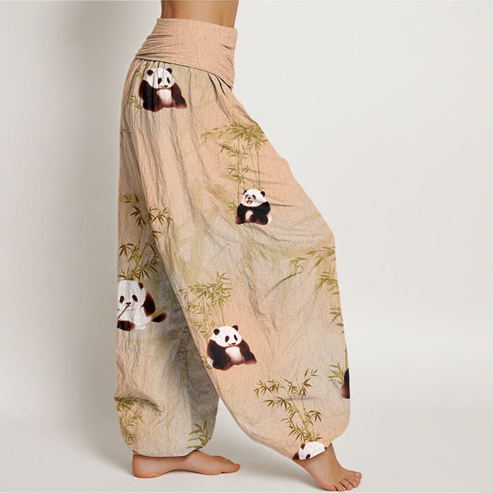 Buddha Stones Panda Bamboo Pattern Women's Elastic Waist Harem Pants