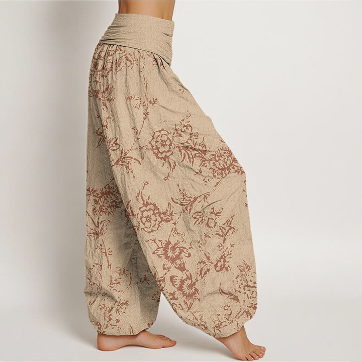 Buddha Stones Flowers Pattern Women's Elastic Waist Harem Pants