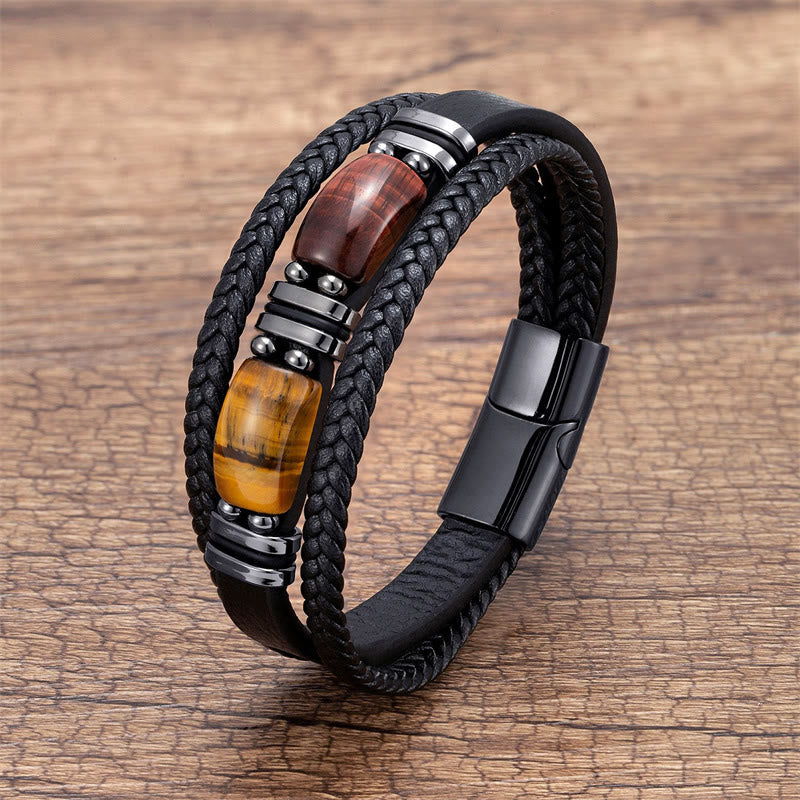 Buddha Stones Tiger Eye Stone Courage Willpower Multi-layer Leather Bracelet