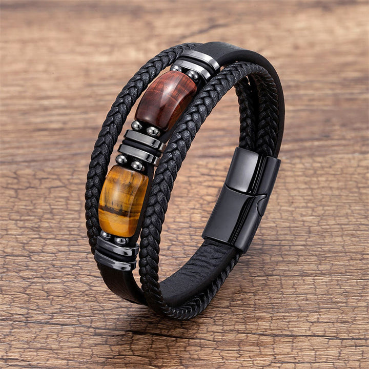 Buddha Stones Tiger Eye Stone Courage Willpower Multi-layer Leather Bracelet