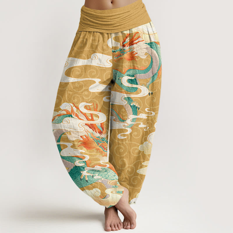 Buddha Stones Vibrant Dragon White Auspicious Clouds Women's Elastic Waist Harem Pants