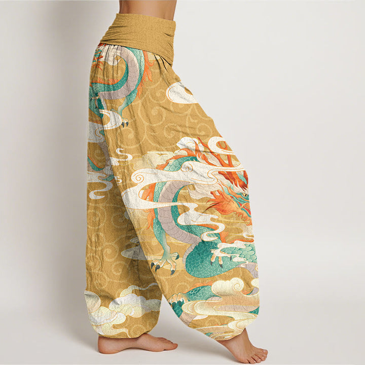 Buddha Stones Vibrant Dragon White Auspicious Clouds Women's Elastic Waist Harem Pants