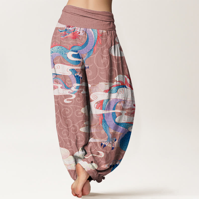 Buddha Stones Vibrant Dragon White Auspicious Clouds Women's Elastic Waist Harem Pants