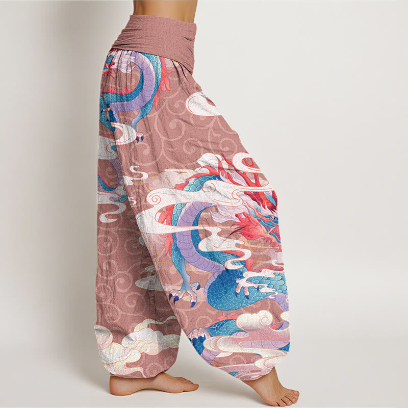 Buddha Stones Vibrant Dragon White Auspicious Clouds Women's Elastic Waist Harem Pants