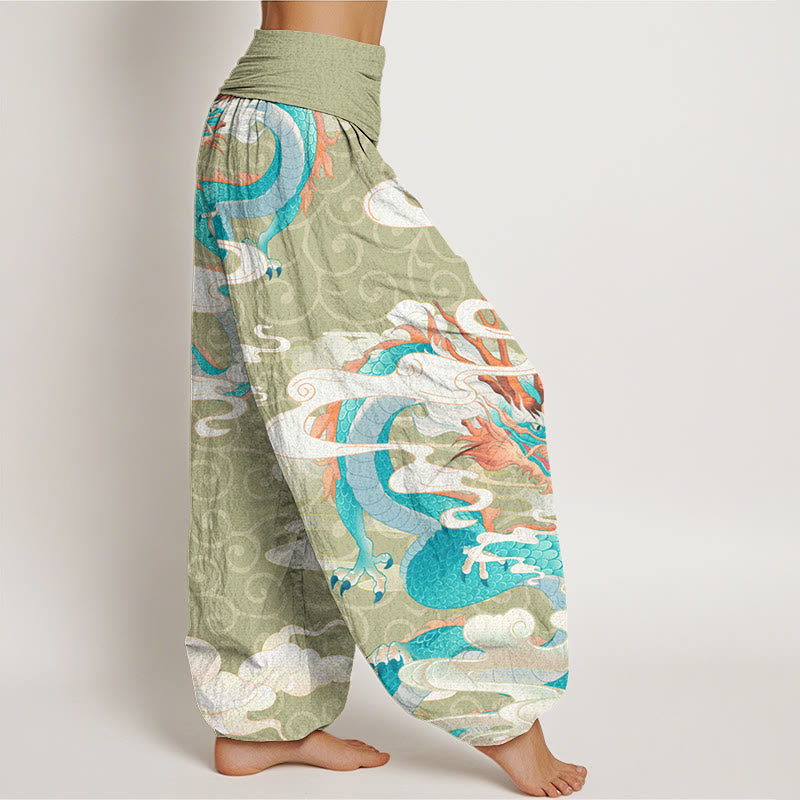 Buddha Stones Vibrant Dragon White Auspicious Clouds Women's Elastic Waist Harem Pants