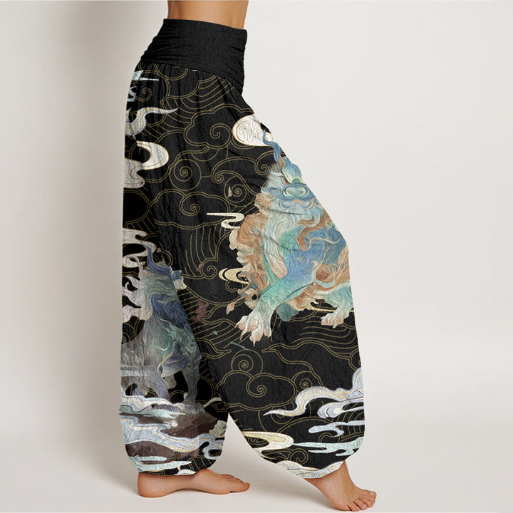 Buddha Stones PiXiu Auspicious Clouds Pattern Women's Elastic Waist Harem Pants