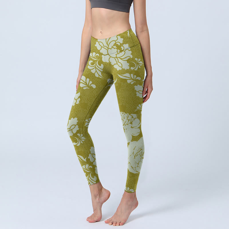 Buddha Stones Monochrome Flowers Print Gym Leggings Women's Yoga Pants - YellowGreen - US18，UK/AU22，EU50 (4XL) - image 0