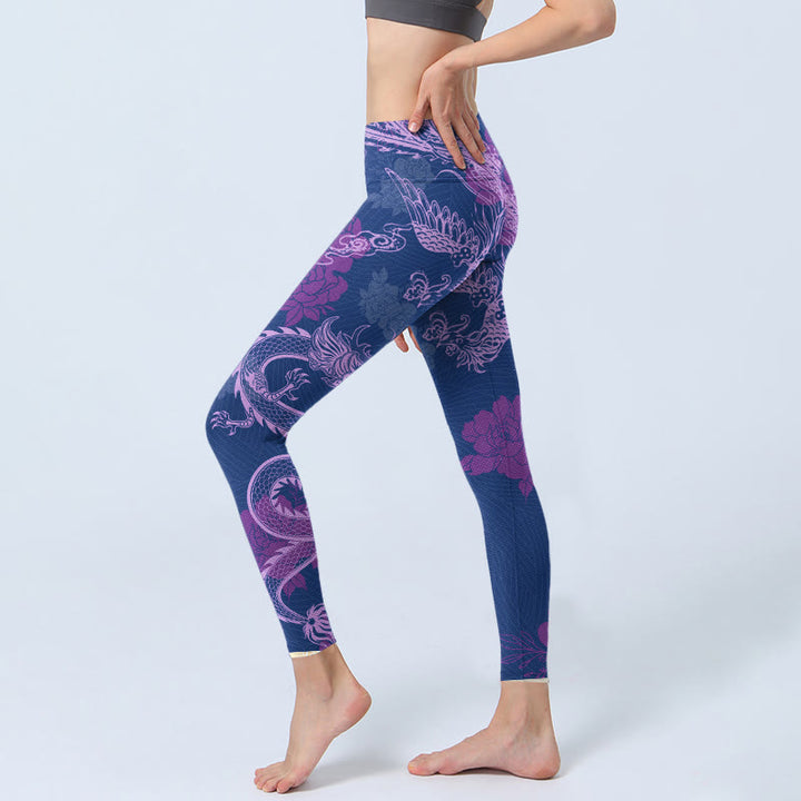 Buddha Stones Purple Dragon Phoenix Flowers Print Gym Leggings Women's Yoga Pants - image 3