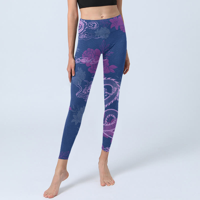 Buddha Stones Purple Dragon Phoenix Flowers Print Gym Leggings Women's Yoga Pants