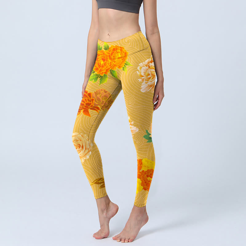 Buddha Stones Vibrant Rose Flowers Print Gym Leggings Women's Yoga Pants - Gold - US18，UK/AU22，EU50 (4XL) - image 0